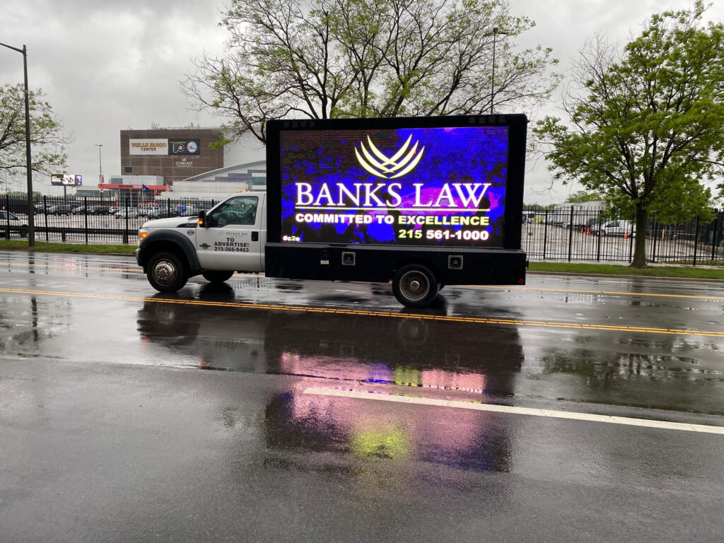 Direct Ad Network LED Billboards Digital TV Networks Sporting Events LED Billboard Truck Campaign Direct Ad Network Philadelphia engaged Banks Law and had our LED Billboard Trucks appear at Wells Fargo Center for the NBA Playoffs in Philadelphia